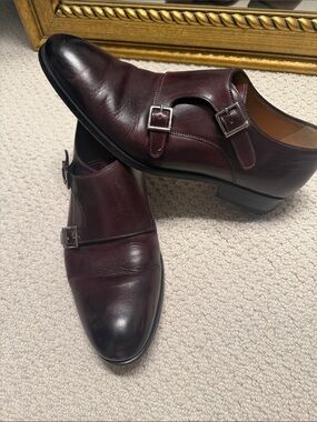 Men's Double Monk Strap Leather Shoes - Burgundy